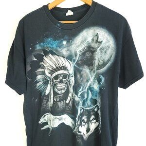 Indian Warrior Skeleton Wolf Wolves Graphic T-Shirt Men's XL? Black Distressed